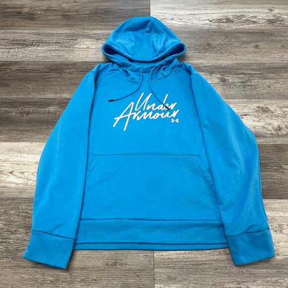 Under Armour Hoodie Blue Womens‎ XL Loose Spell Out Cotton Fleece Pullover - Picture 1 of 10